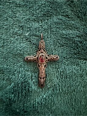 Ornate Cross Pendant Necklace with Red Gemstone